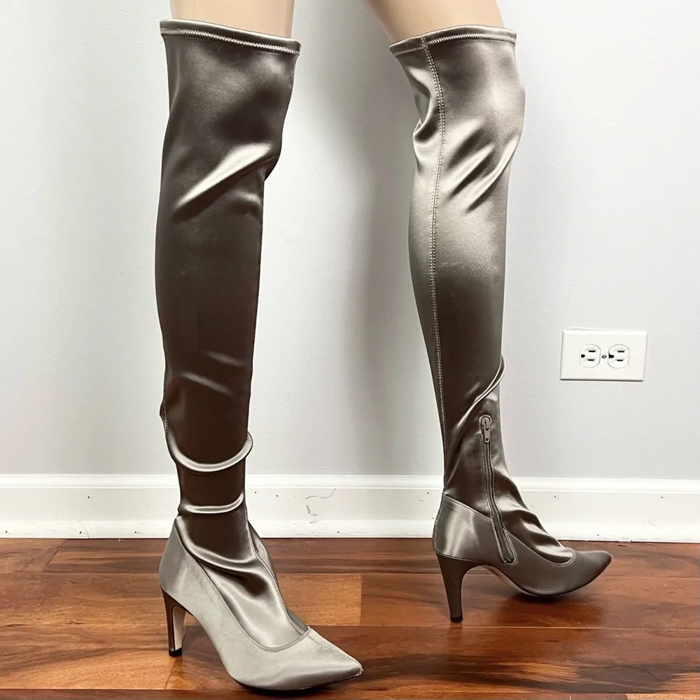 FREE PEOPLE GRAY SATIN OVER-THE-KNEE BOOTS - Picture 3 of 9